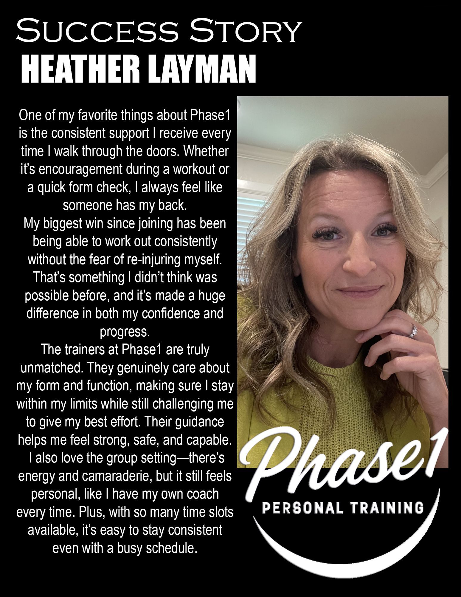 Success story for Heather Layman. Woman in photo smiling. Text states she enjoys Phase 1, and feels stronger.