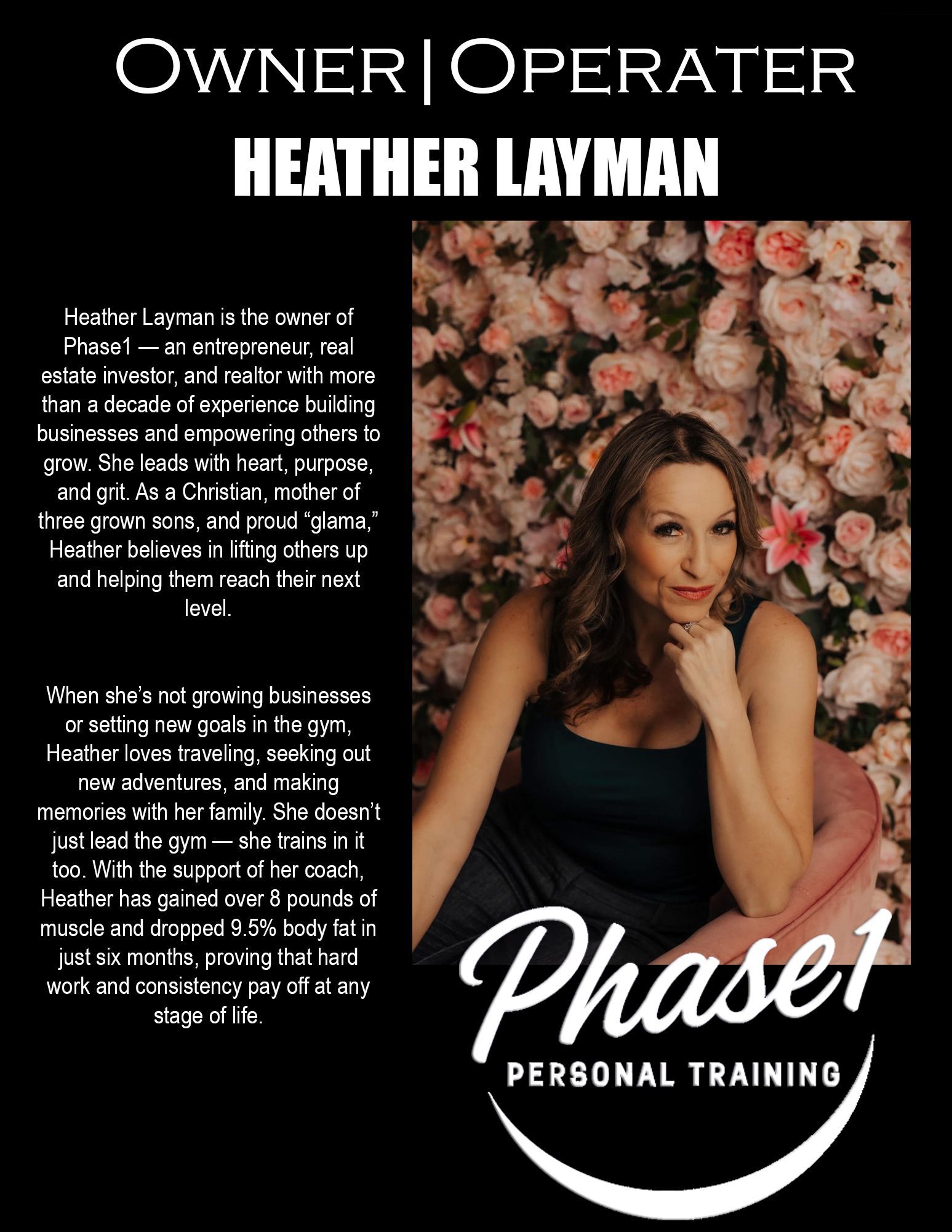 Woman, Heather Layman, owner of Phase 1 Personal Training, posing in front of flowers.