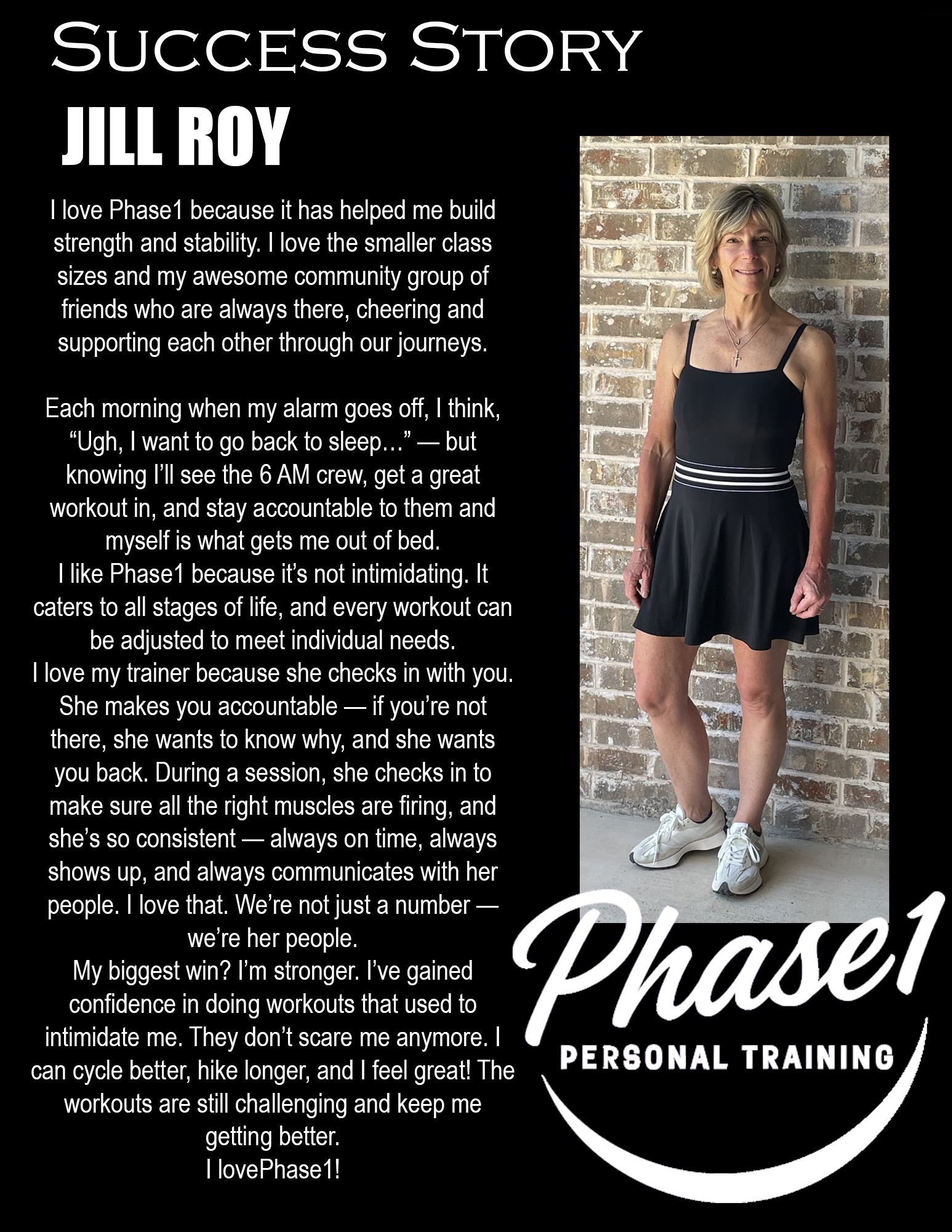 Woman in black dress stands in front of brick wall, Phase1 Personal Training logo below.