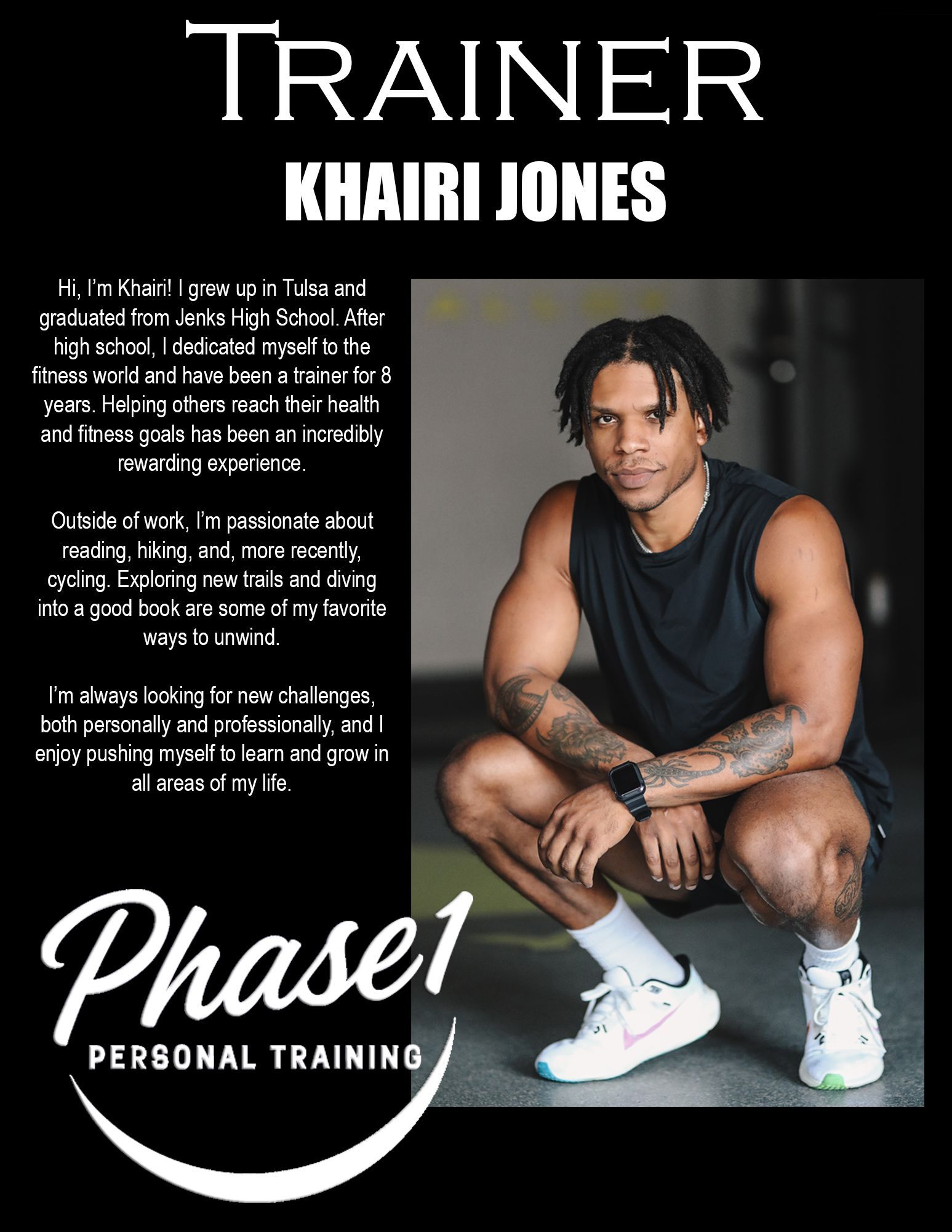 Trainer Khairi Jones, with a headshot, is in a workout room. Text says he teaches, with love for cycling, hiking, and more.