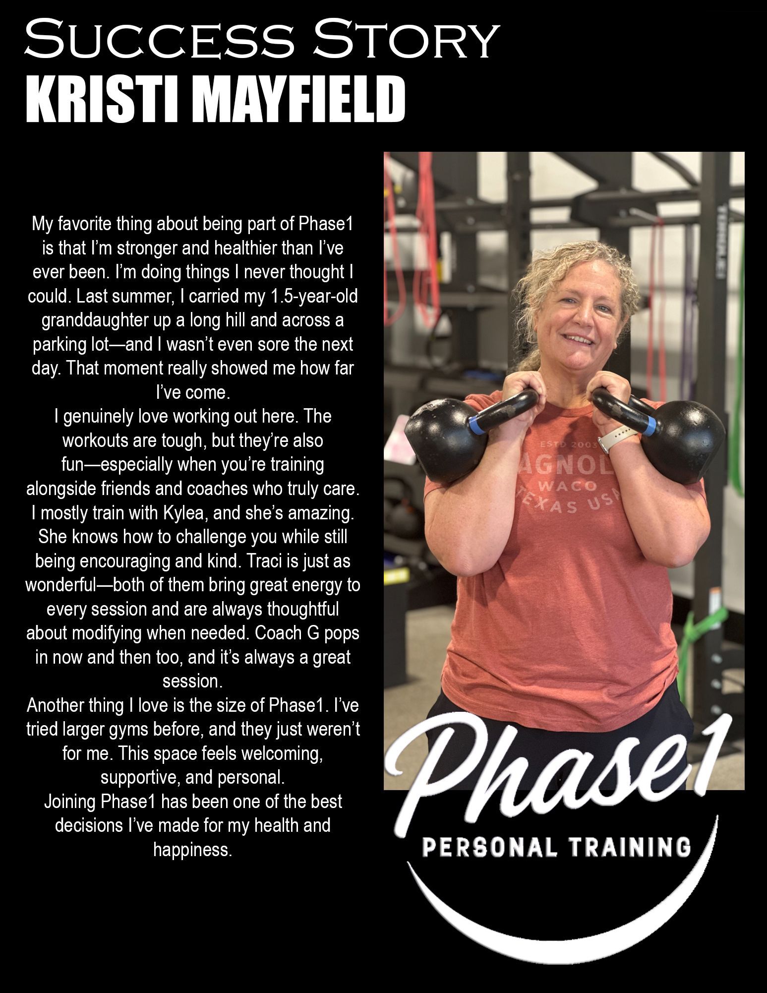 Woman holding kettlebells, smiling in a gym. Success story for Kristi Mayfield, Phase 1 personal training.