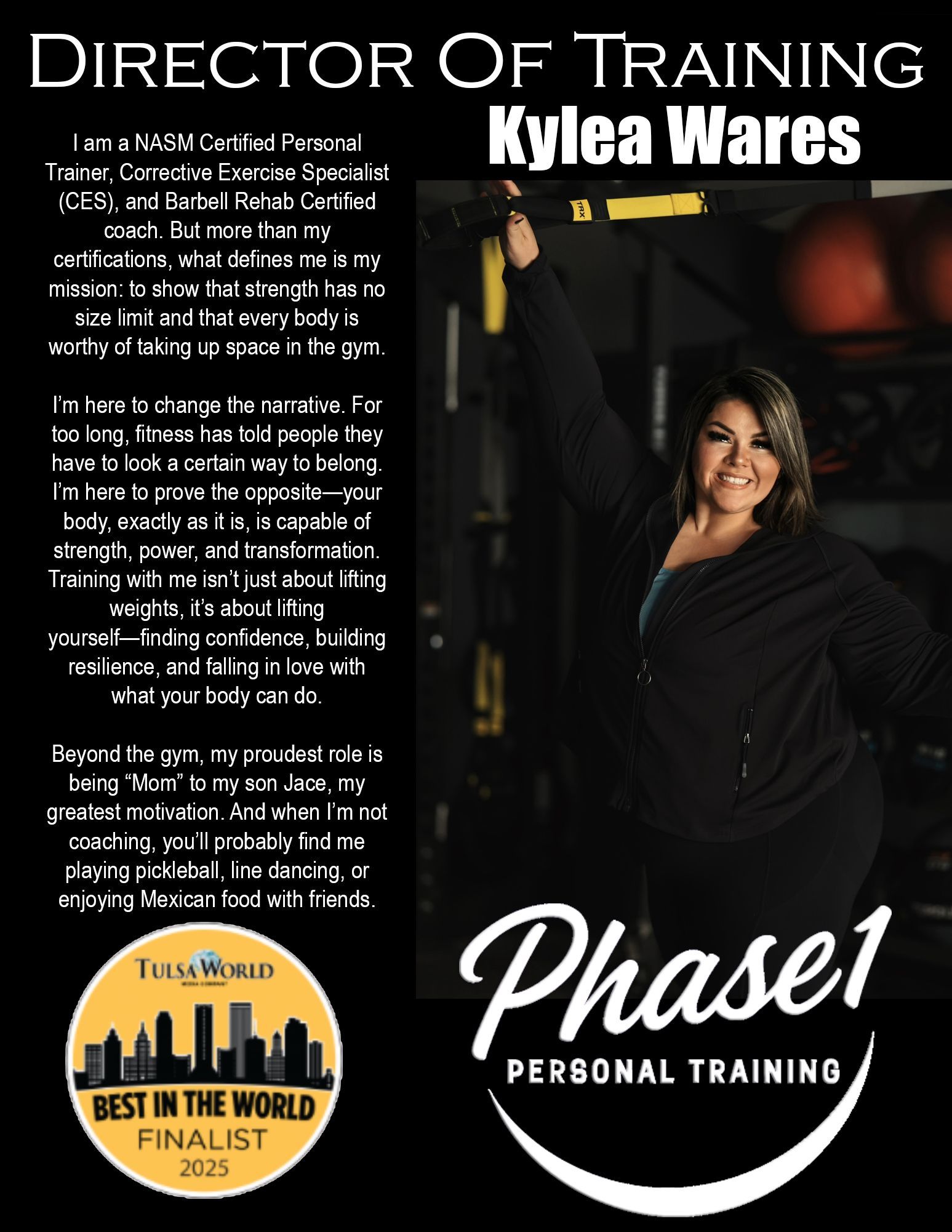 Director of Training, Kylea Wares, poses with a smile in a gym, black attire, Phase 1 Personal Training logo.