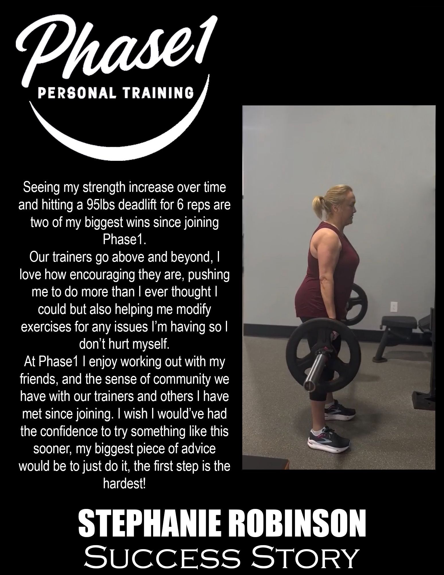 Woman lifting weights at a gym. Phase 1 Personal Training ad features a woman's success story with text overlay.