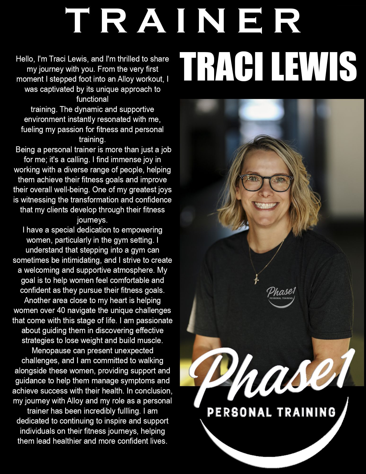 Trainer Traci Lewis, a woman with glasses, with Phase 1 Personal Training branding.