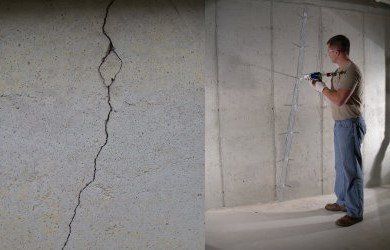 Cracked concrete wall close-up and a man injecting sealant into cracks. Gray wall, indoor setting.
