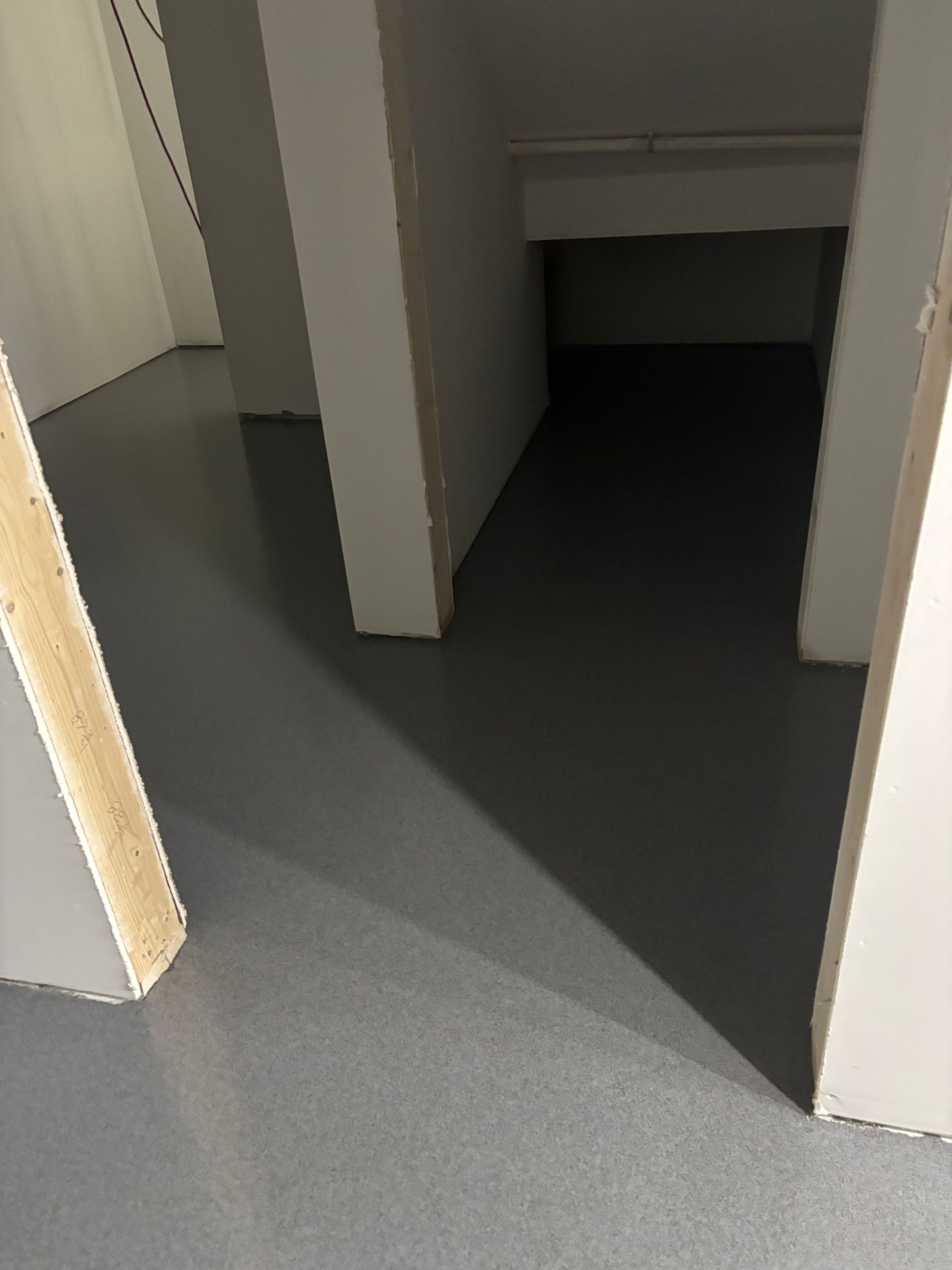 Gray floor in a hallway with white walls and doorways leading to a darker room.