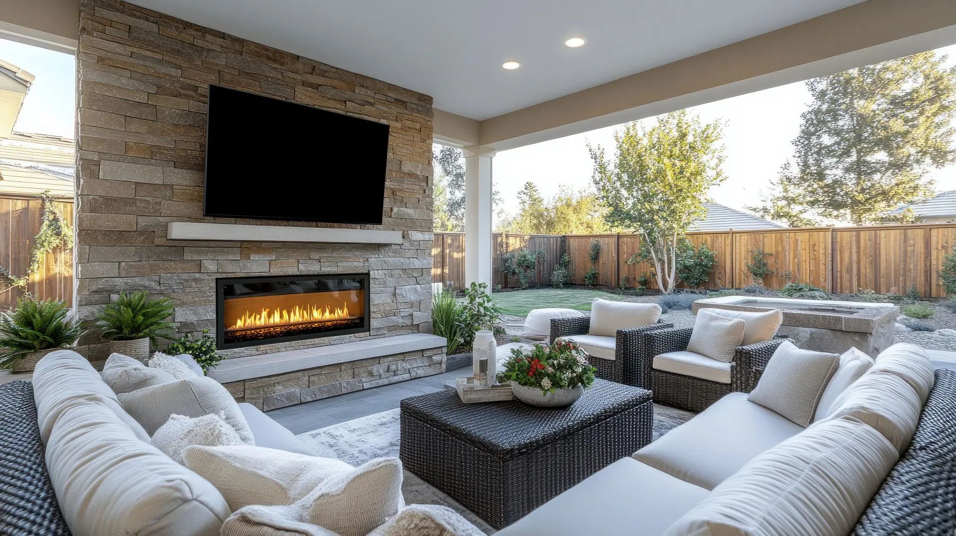 A spacious, modern outdoor covered patio with stone fireplace, television, and comfortable lounge seating.