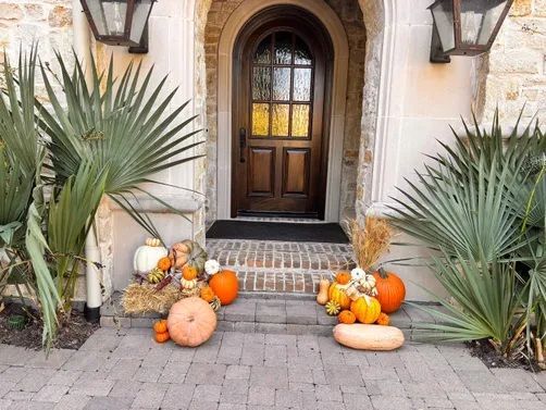 An arched wooden front door framed by stone, with decorative pumpkins and palm plants arranged on the brick entryway.
