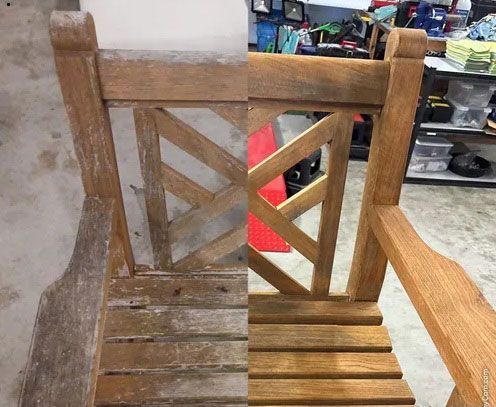 Split screen showing a weathered, grey wooden bench before and after being sanded and oiled to a rich, warm brown finish.
