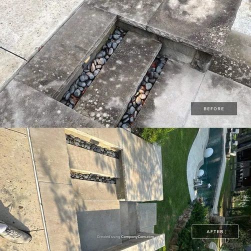 A before and after comparison of outdoor stone steps and a pool deck, showing them cleaned and restored to a lighter color.