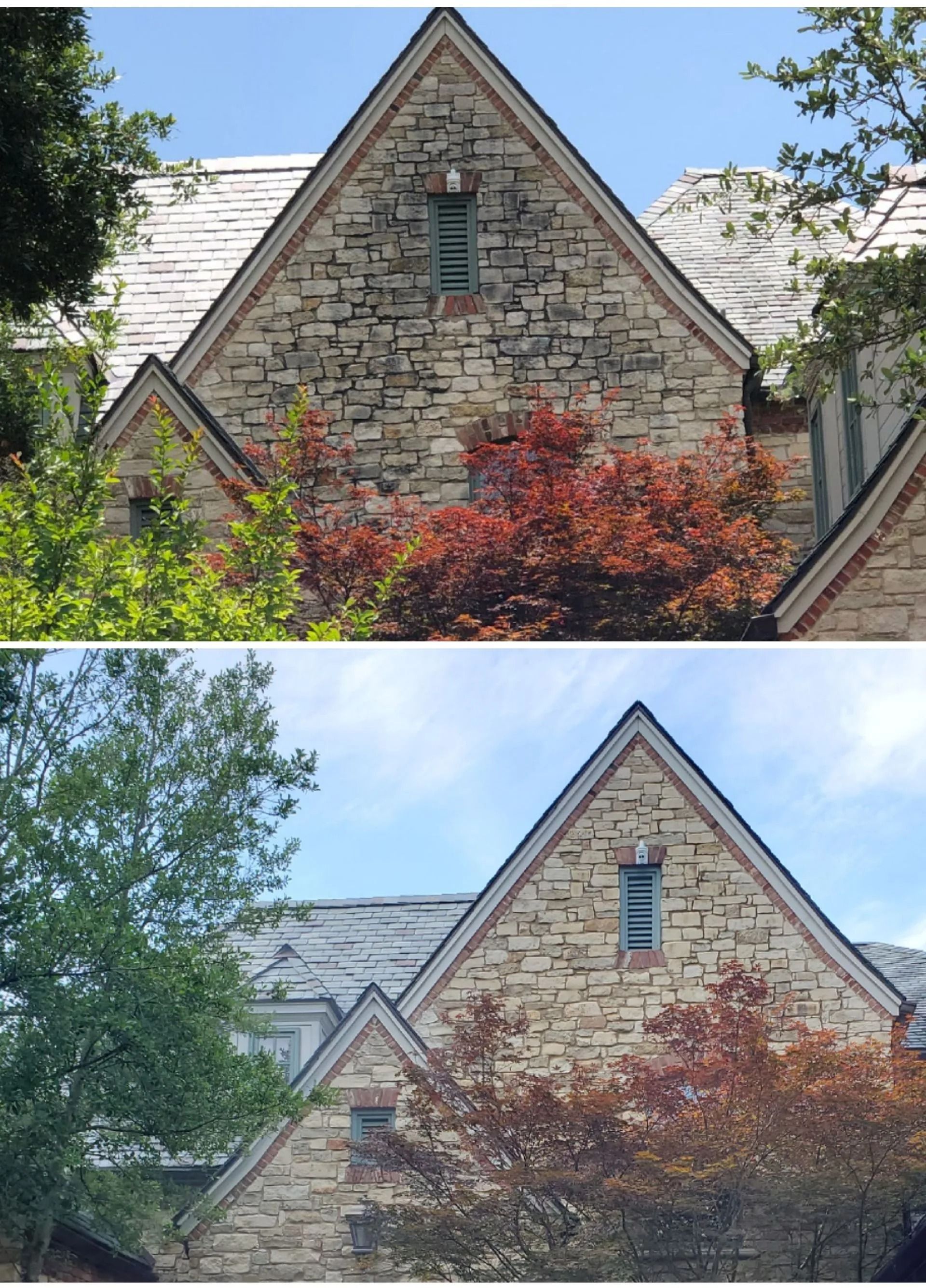 Two stacked views of a stone house facade featuring steep gables, slate roofs, and decorative attic vents.