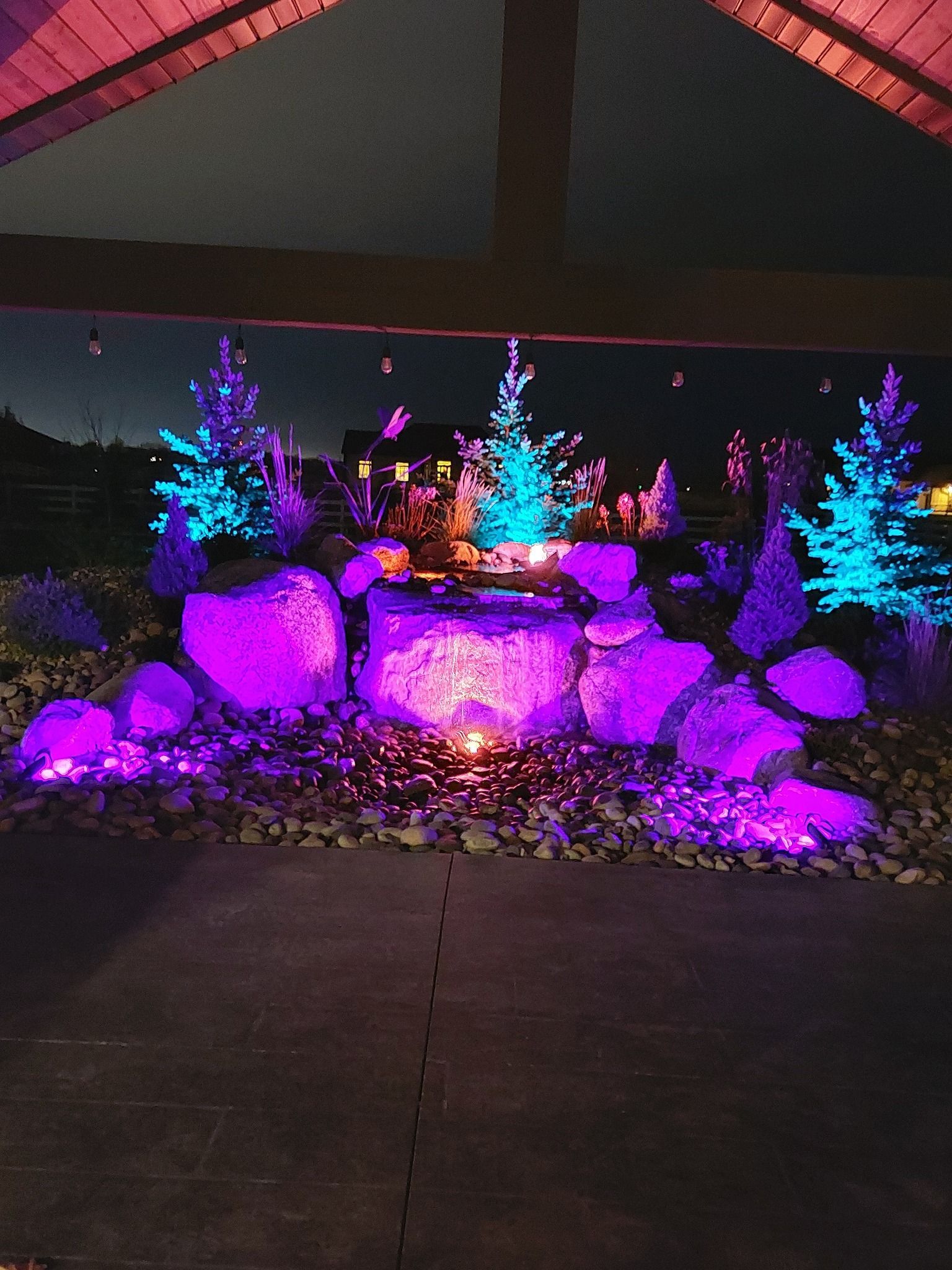 Water feature illuminated in purple and blue, with trees and rocks, under a wooden structure at night.