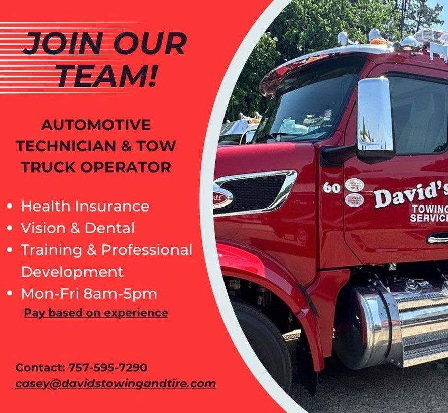Red tow truck ad: Hiring automotive technician/tow truck operator. Offers health insurance, vision/dental, and training.