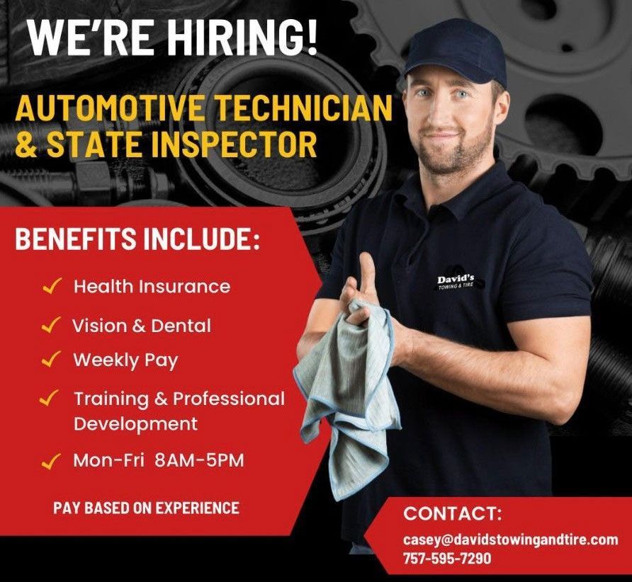 Job posting: Automotive Technician & State Inspector wanted. Benefits include health, vision, and dental, weekly pay, training, and Mon-Fri hours. Contact information provided.