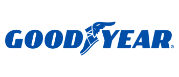 Goodyear logo: Blue text, a winged foot.
