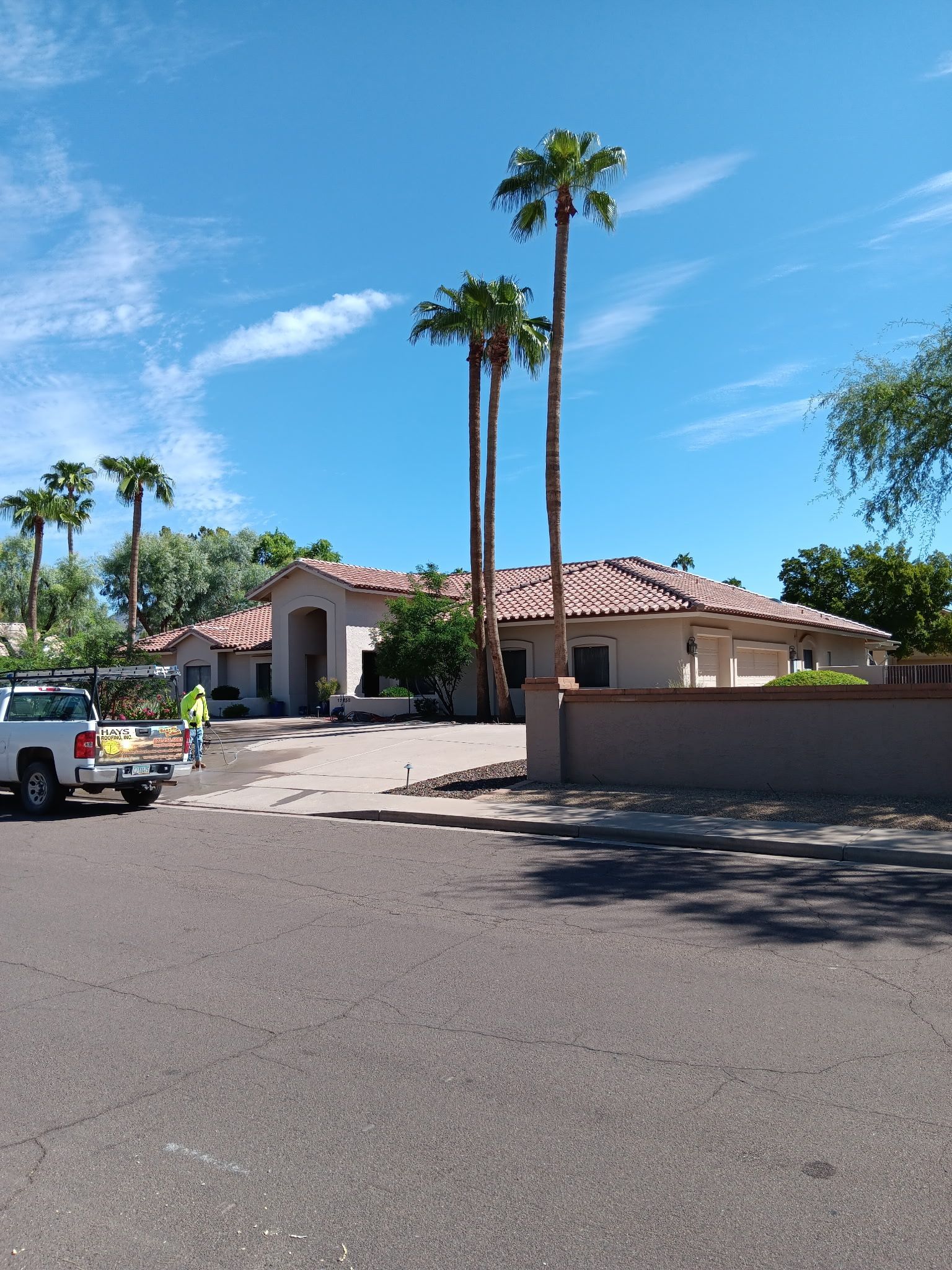 A white truck is parked in front of a large house with palm trees