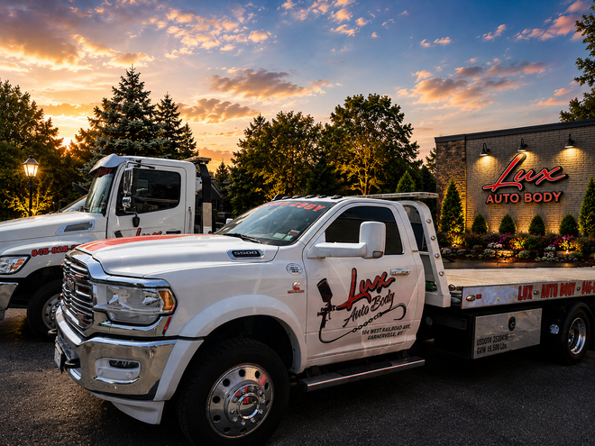Two white tow trucks parked at sunset, one with a red logo on the door and flatbed.