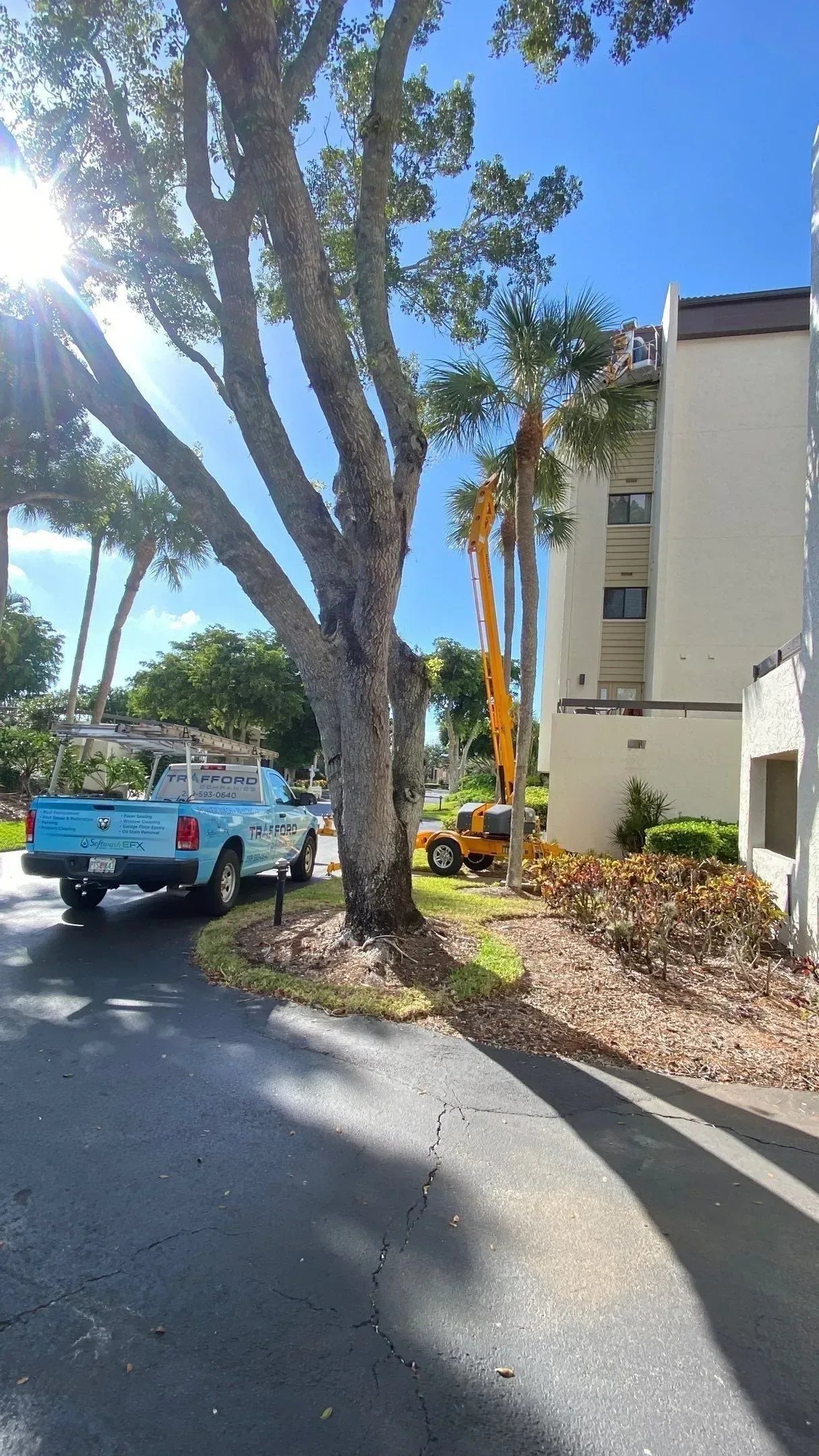 Blue utility truck parked on a tree-lined road beside a beige apartment building