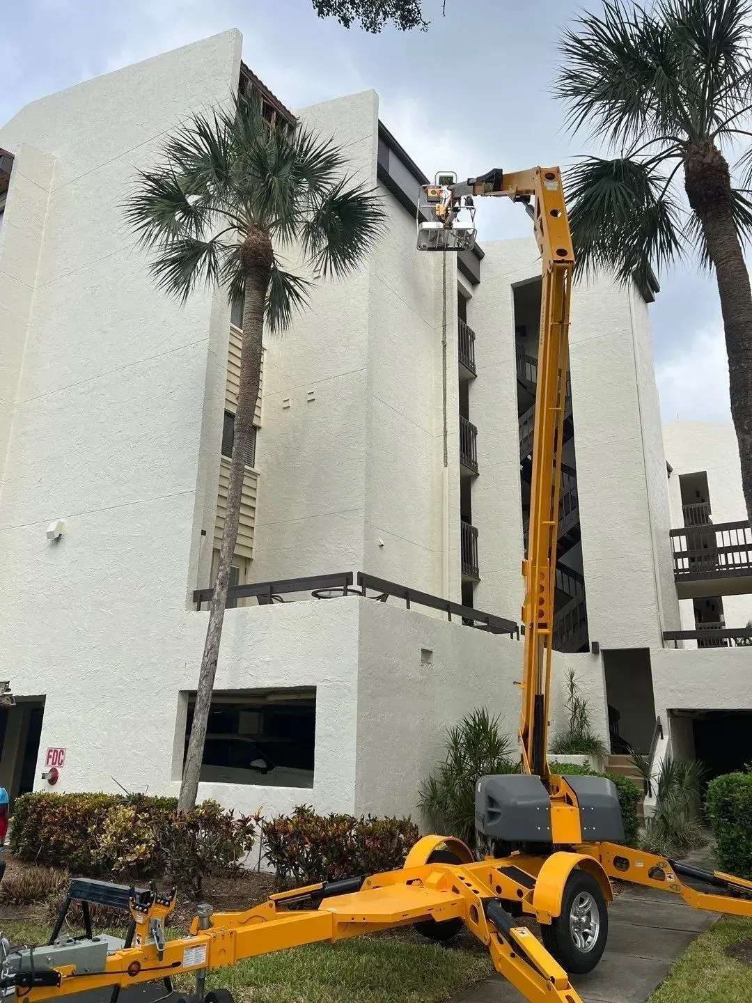 Yellow lift beside a white building as a worker trims a palm tree overhead