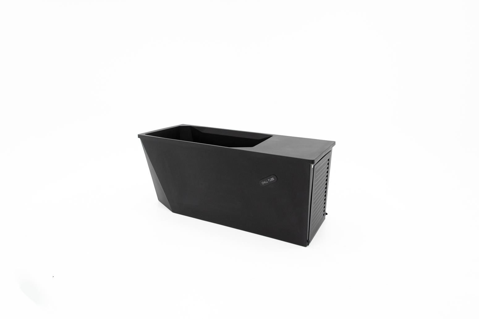 Black plastic storage box with a stepped design, on a white background.