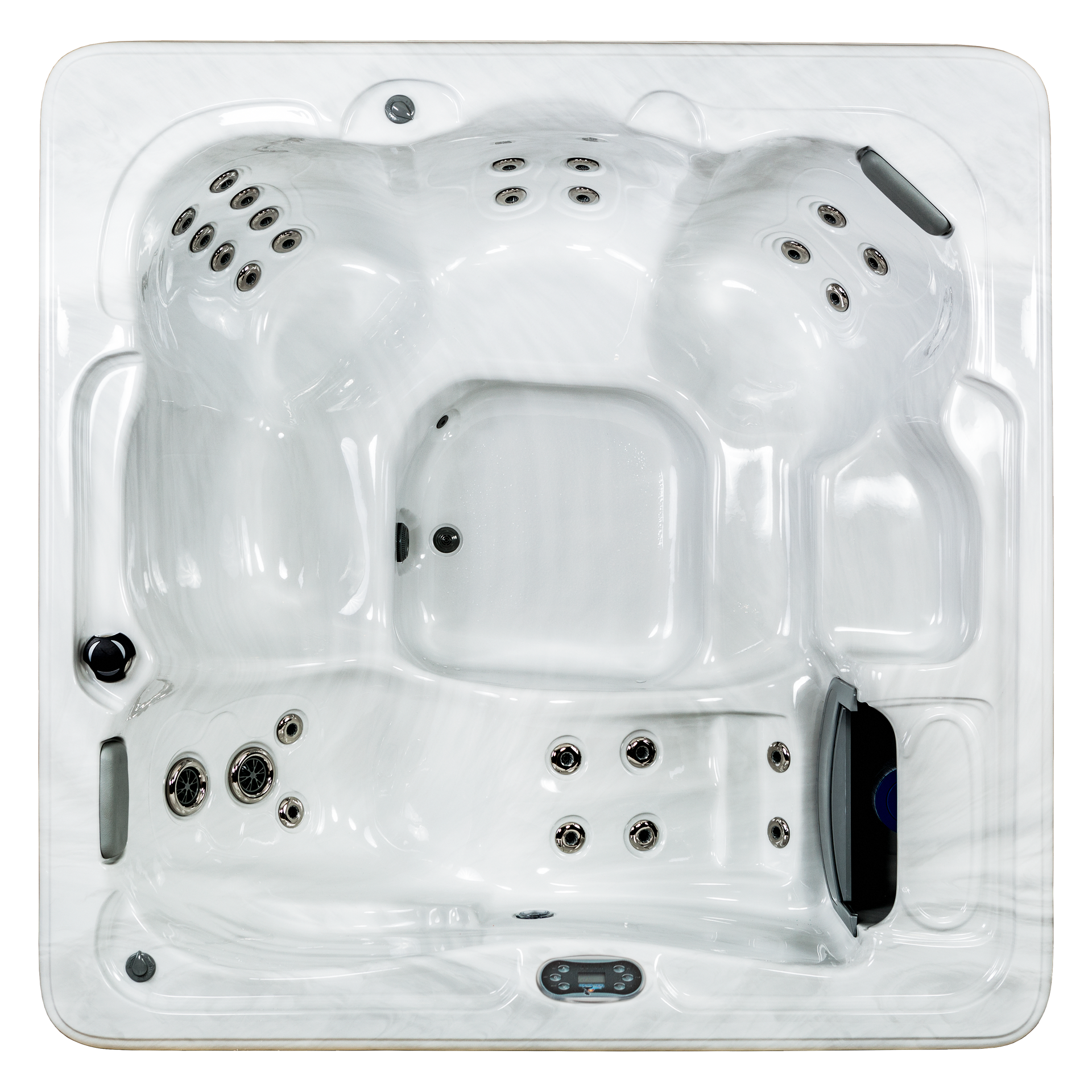 Top-down view of a white hot tub with various jet placements, in a square shape.