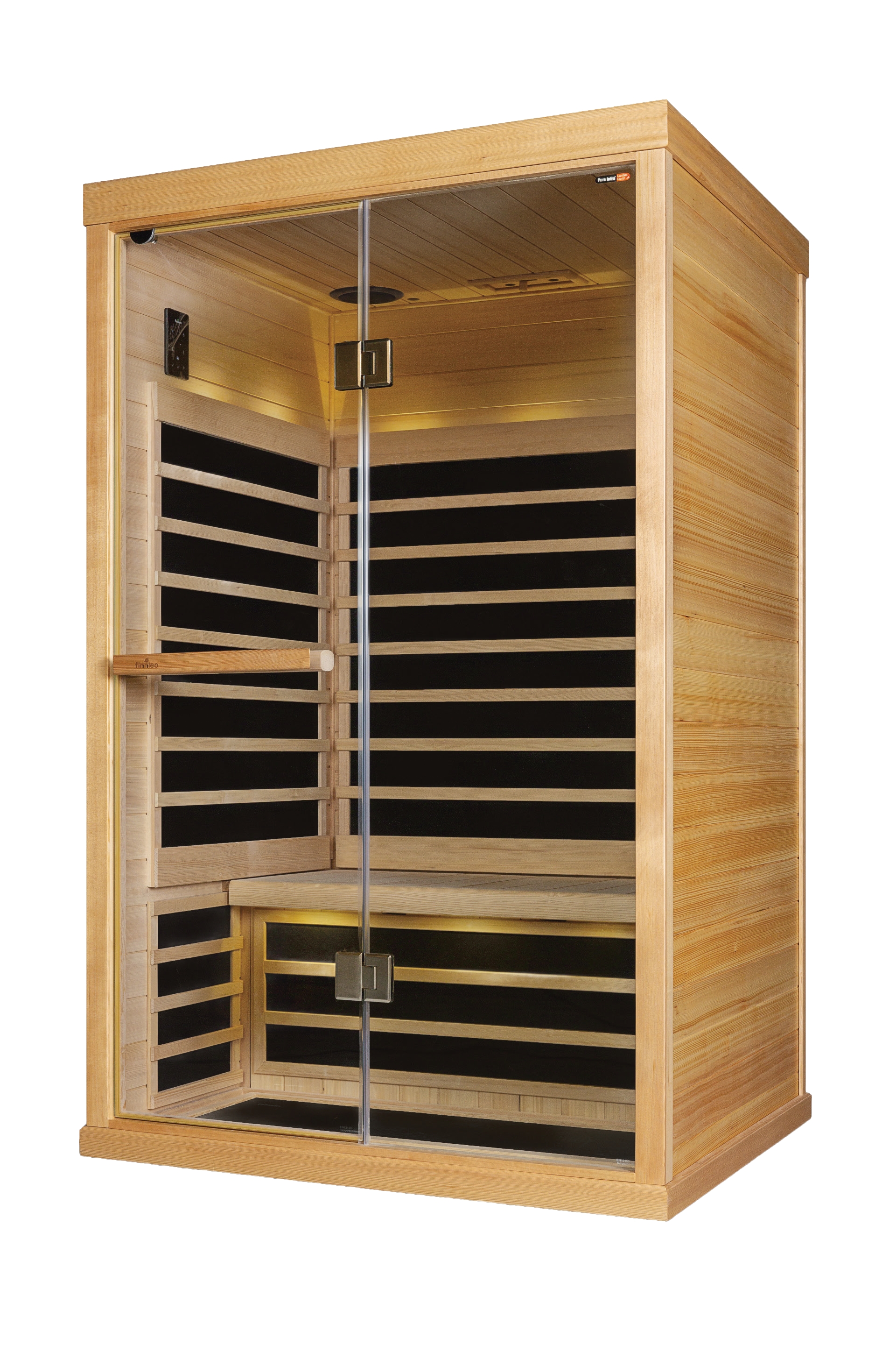 Wooden infrared sauna with glass door, black heating panels, and lights.