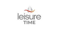 Leisure Time logo: Gray text below a teardrop-shaped design with red and yellow curved accents.