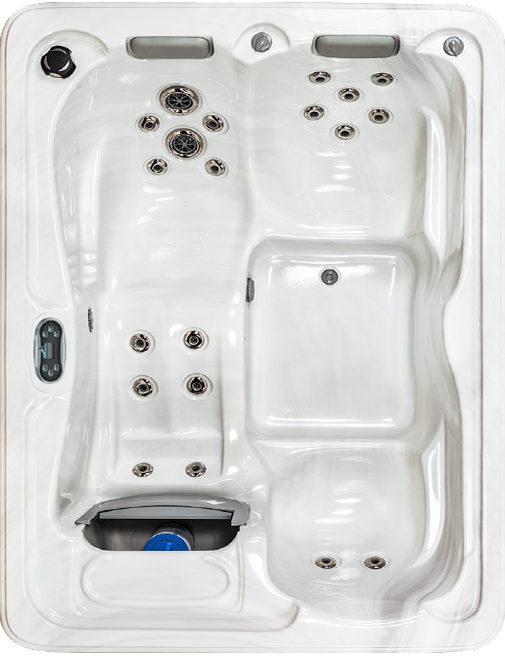 White hot tub with multiple seats and jets.