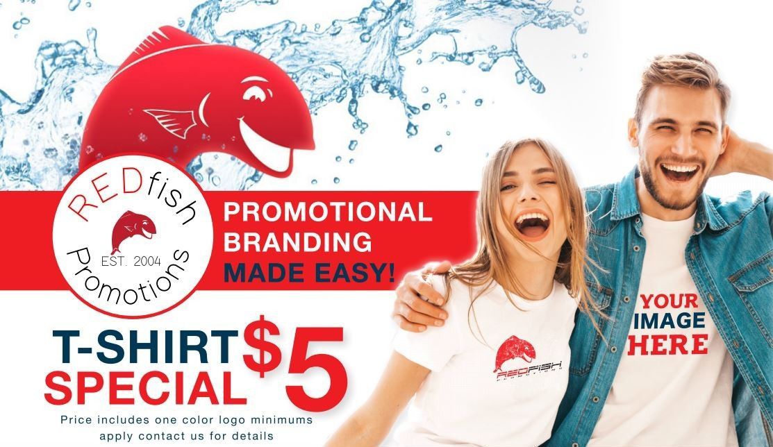 Promotional t-shirt ad with red fish logo, smiling people, and text “T-SHIRT SPECIAL $5” and “Your image here”