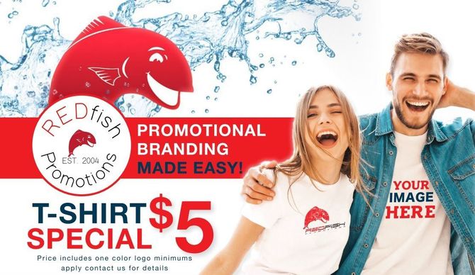 Redfish T-shirt promo with smiling models, red fish logo, and bold $5 special branding on white background