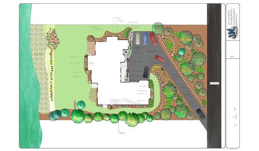 Landscape architectural plan of a house with driveway, greenery, and parking.