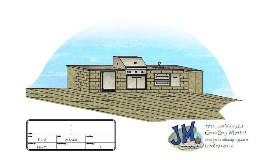 Outdoor kitchen rendering with grill, sink, storage, and tile pavers.