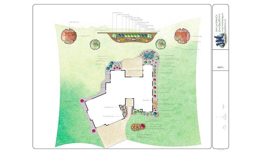 Garden layout plan with building, plants, and colorful watercolor style.