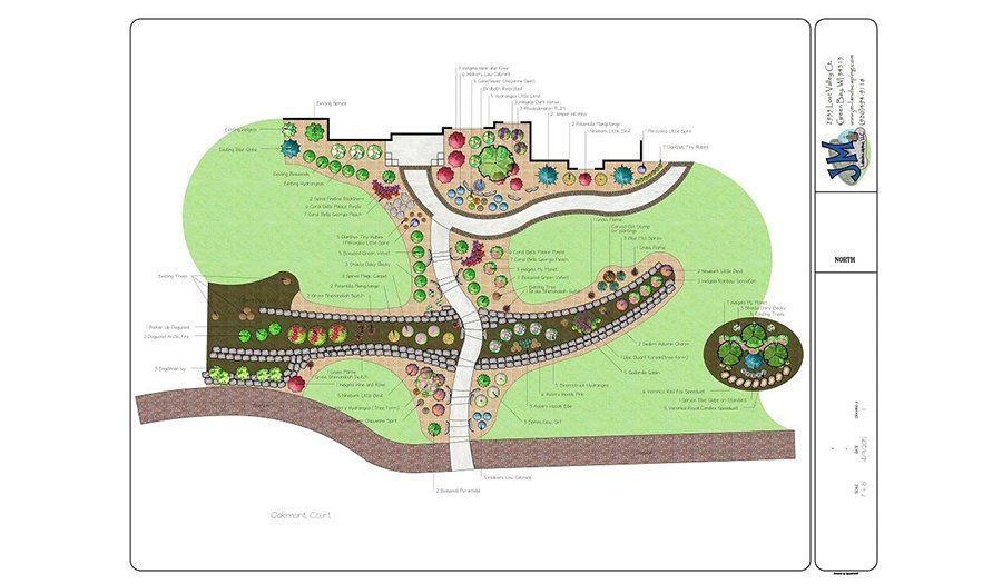 Landscaping plan of a garden with a winding path, diverse plantings, and a building on a white background.
