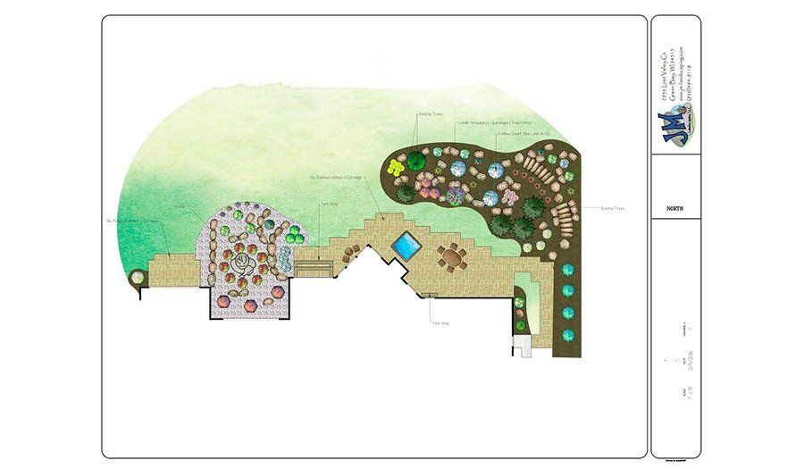 Top-down view of a garden layout with a circular structure, water feature, and various planting areas.