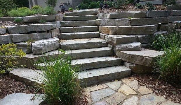 Stone steps ascending a hillside garden with surrounding plants. A stone pathway leads to the steps.