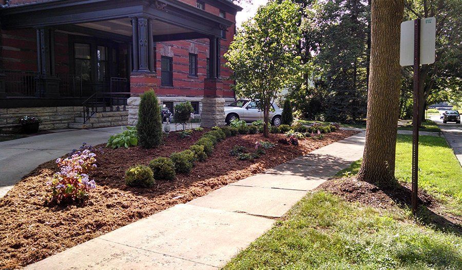A sidewalk lined with a flower bed of plants and mulch, beside a large brick building.
