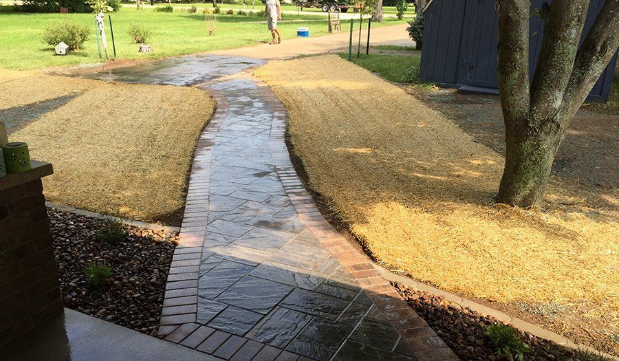 Brick pathway with grass borders leading to a yard with a tree.