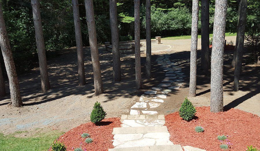 Stone path through trees leads to a clearing with a stone bench and a circular area.