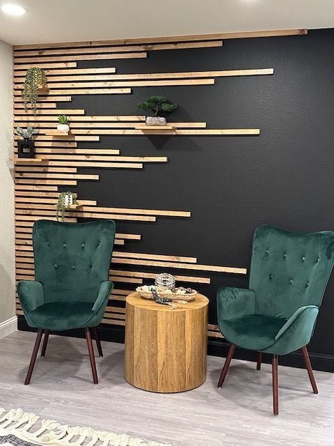 stylish wood slat wall with plants