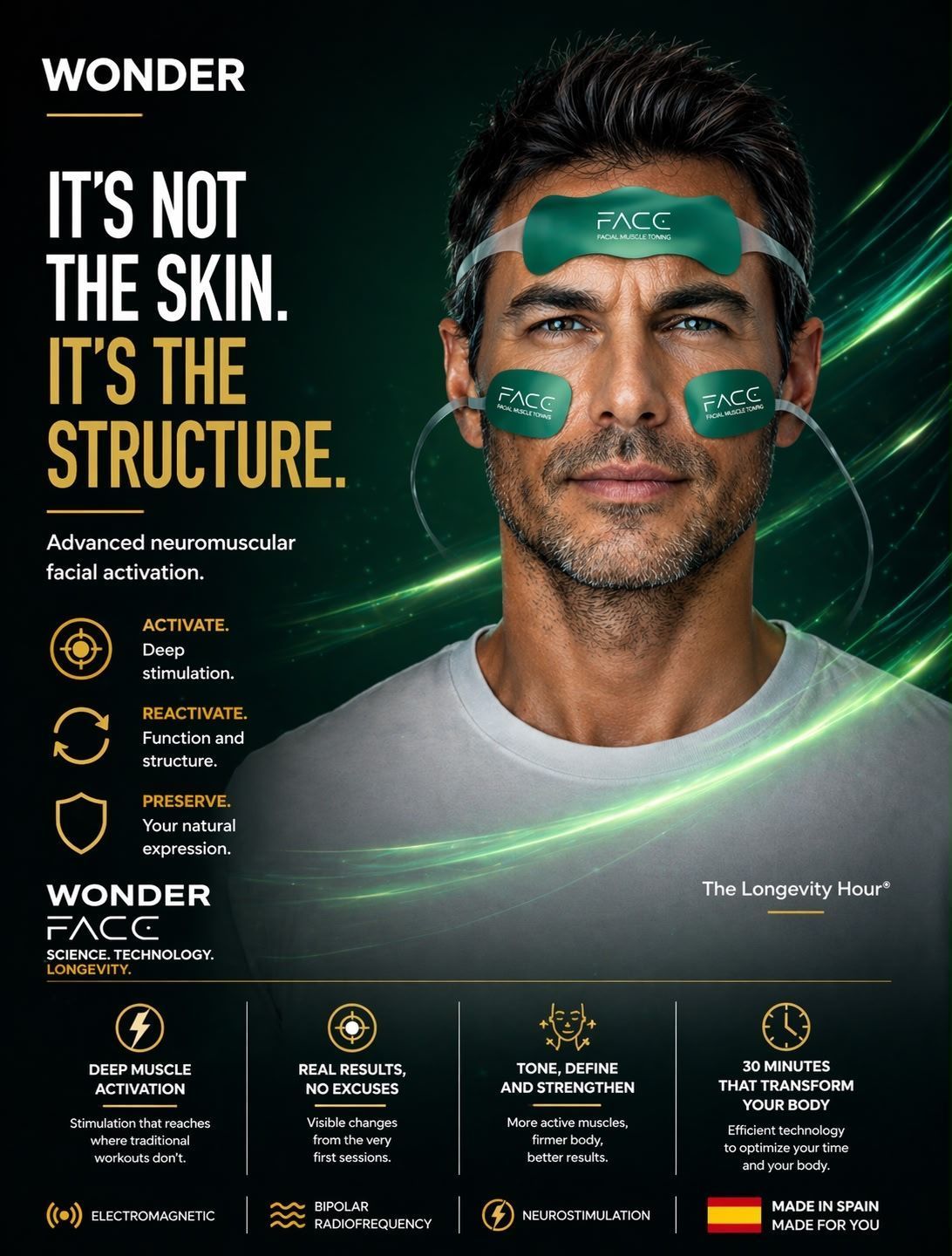 Man with green face markings in a dark ad, headline: “It’s not the skin. It’s the structure.”