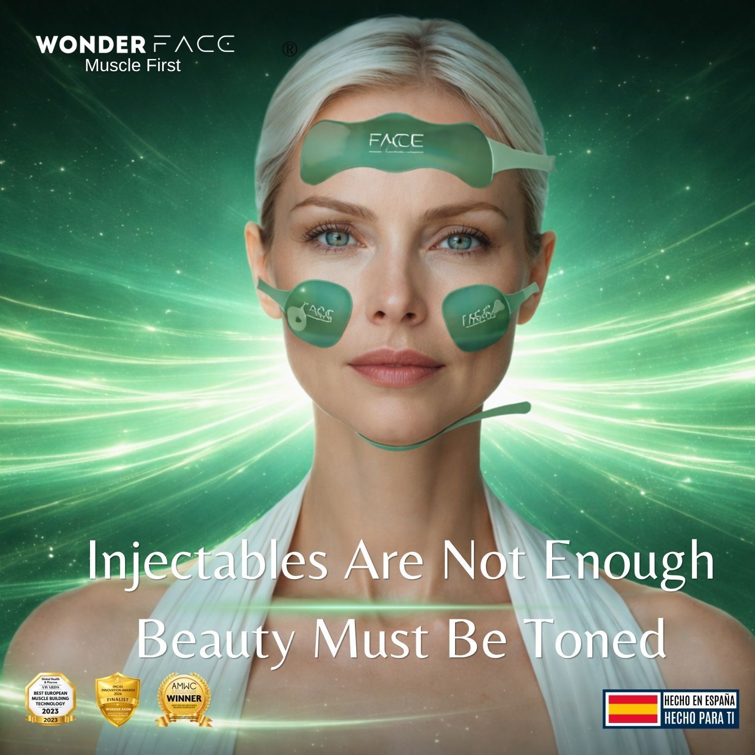 Woman’s face with green skincare patches on a glowing green background, text: “Injectables Are Not Enough Beauty Must Be Toned”