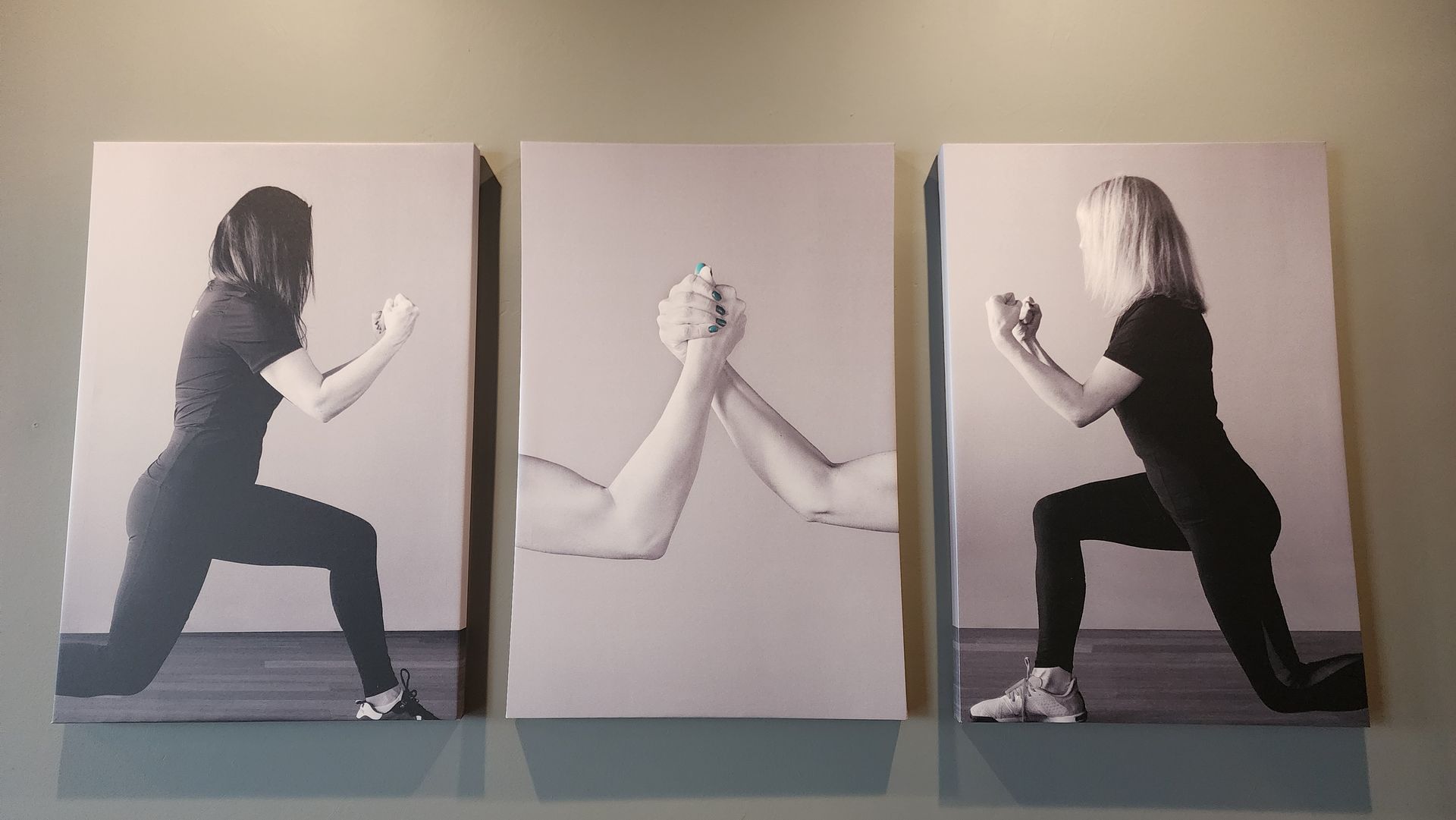 Three-panel black-and-white photo of a person exercising in a lunge and holding a small object overhead