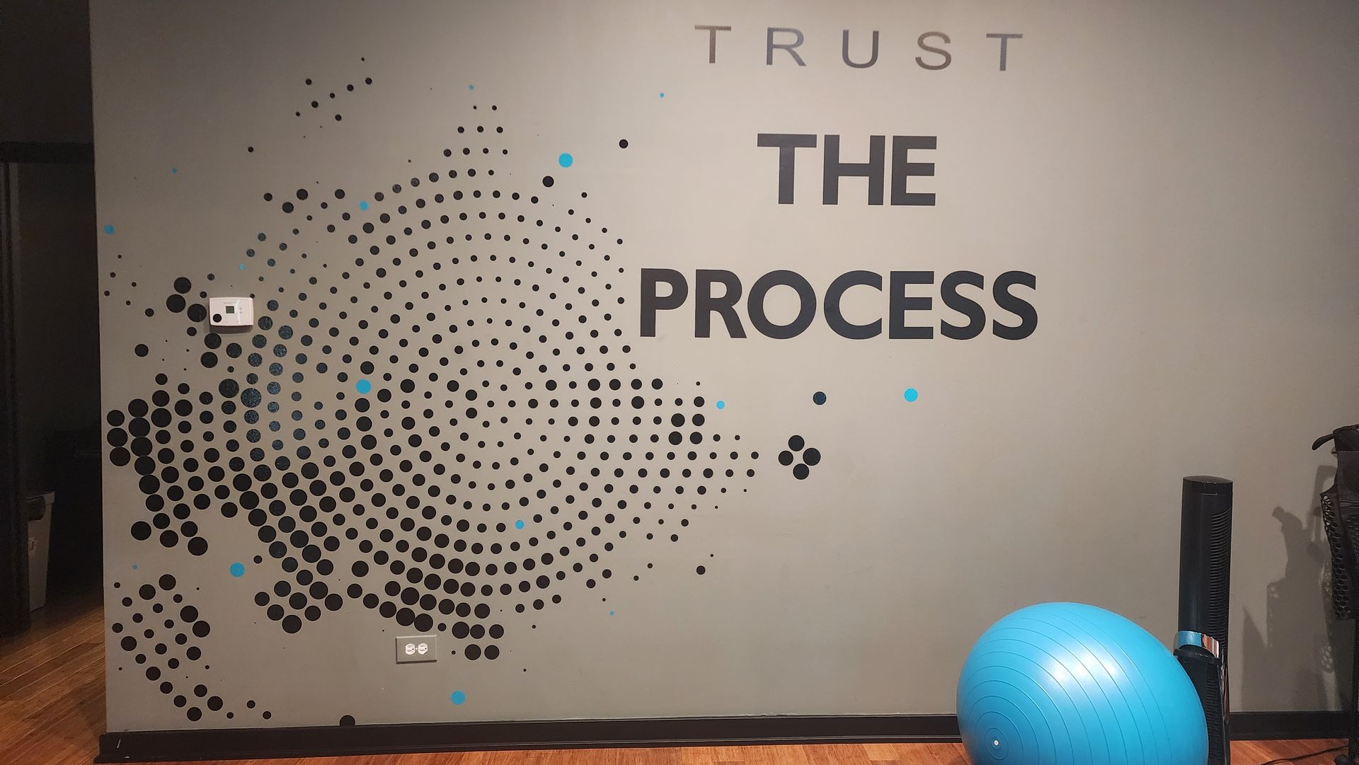 Wall mural reading “TRUST THE PROCESS” with a dotted circular design and a blue exercise ball below.