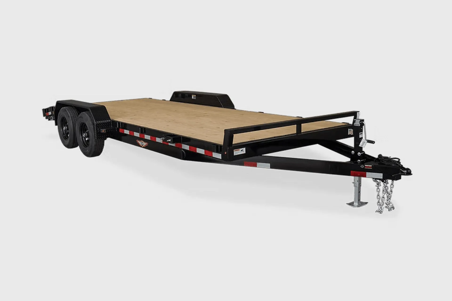 Black and tan flatbed trailer with a wooden deck, hitch, and wheels