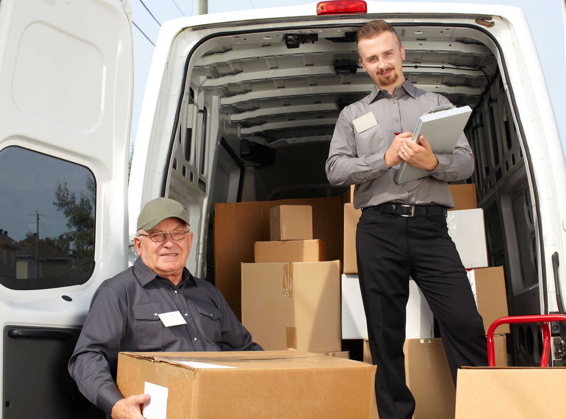 Two men are standing in front of a van filled with boxes.