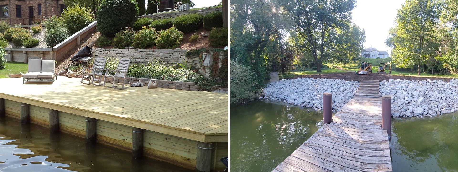A wooden dock is next to a body of water
