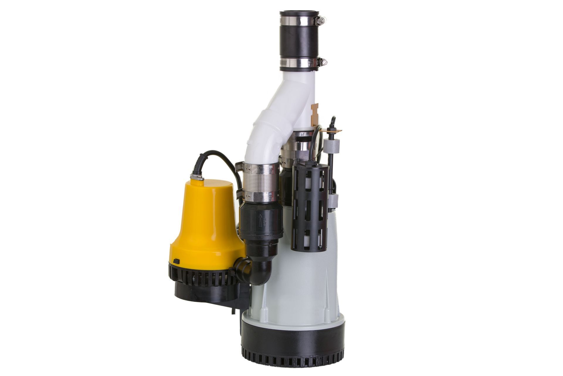A grey and yellow submersible sump pump assembly with vertical piping, isolated against a white background.