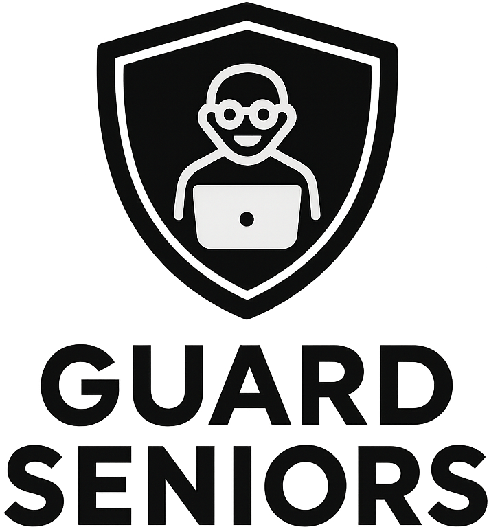 Shield with person using a laptop, wearing glasses, and the words 