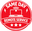 A red circular logo featuring a laptop with a Wi-Fi symbol, text reading SAME DAY REMOTE SERVICE, and three stars.